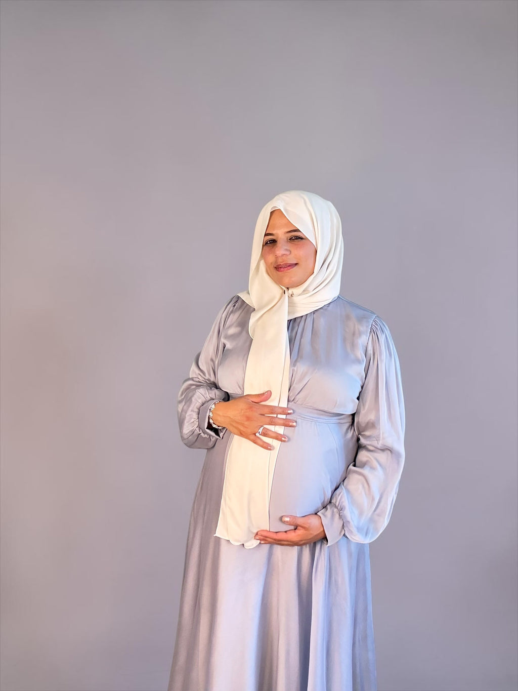 Silver chiffon maxi dress with maternity bump fit