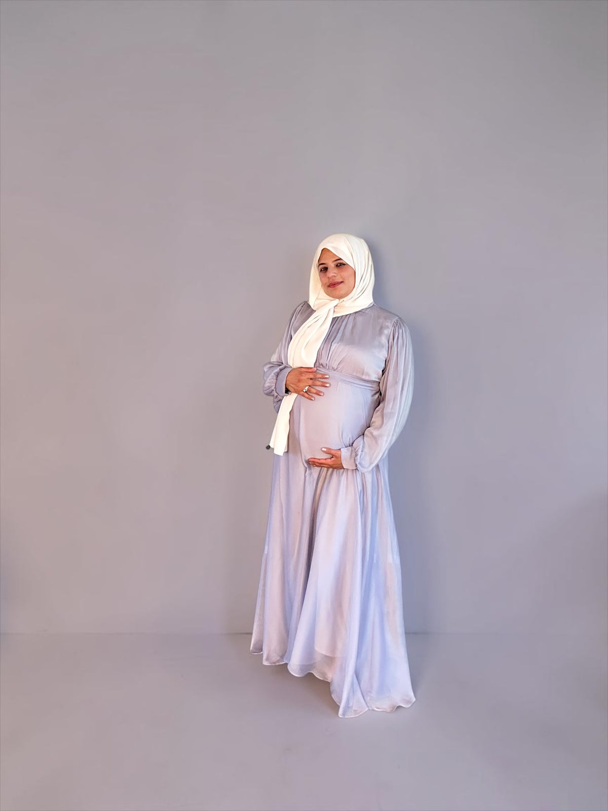Silver chiffon maternity dress, full-length view