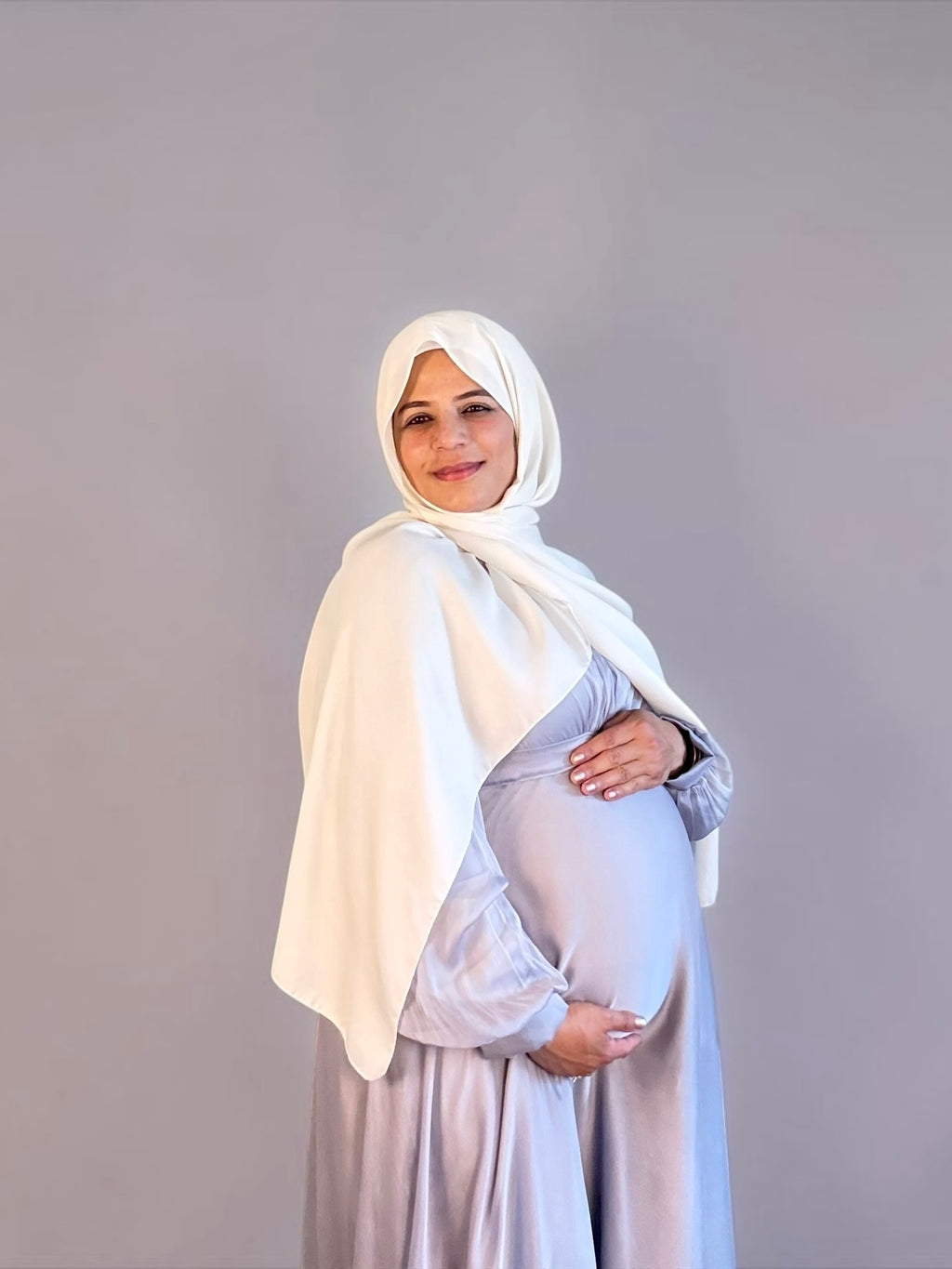 Silver chiffon maternity maxi dress, left-side view