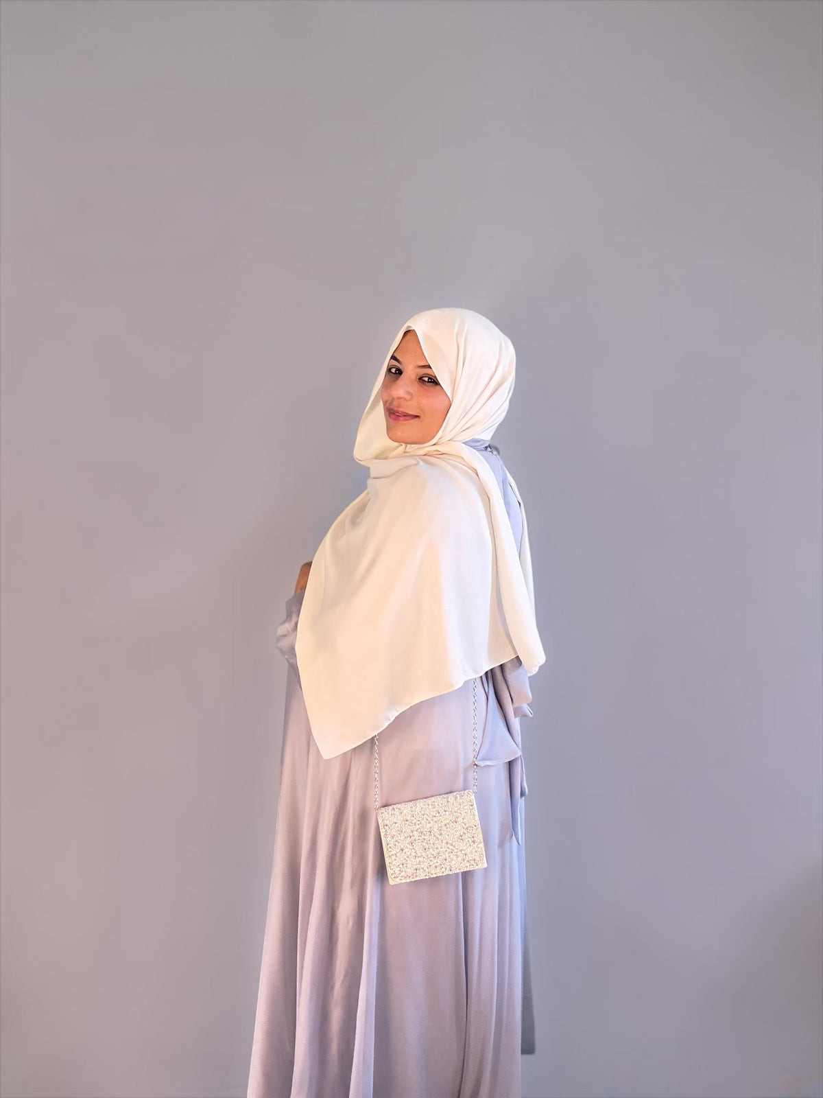 Silver chiffon maternity maxi dress with matching purse
