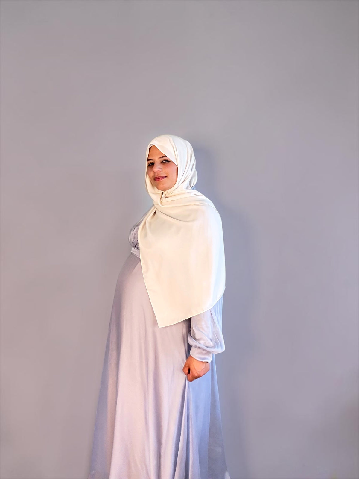 Silver chiffon maternity maxi dress, right-side view