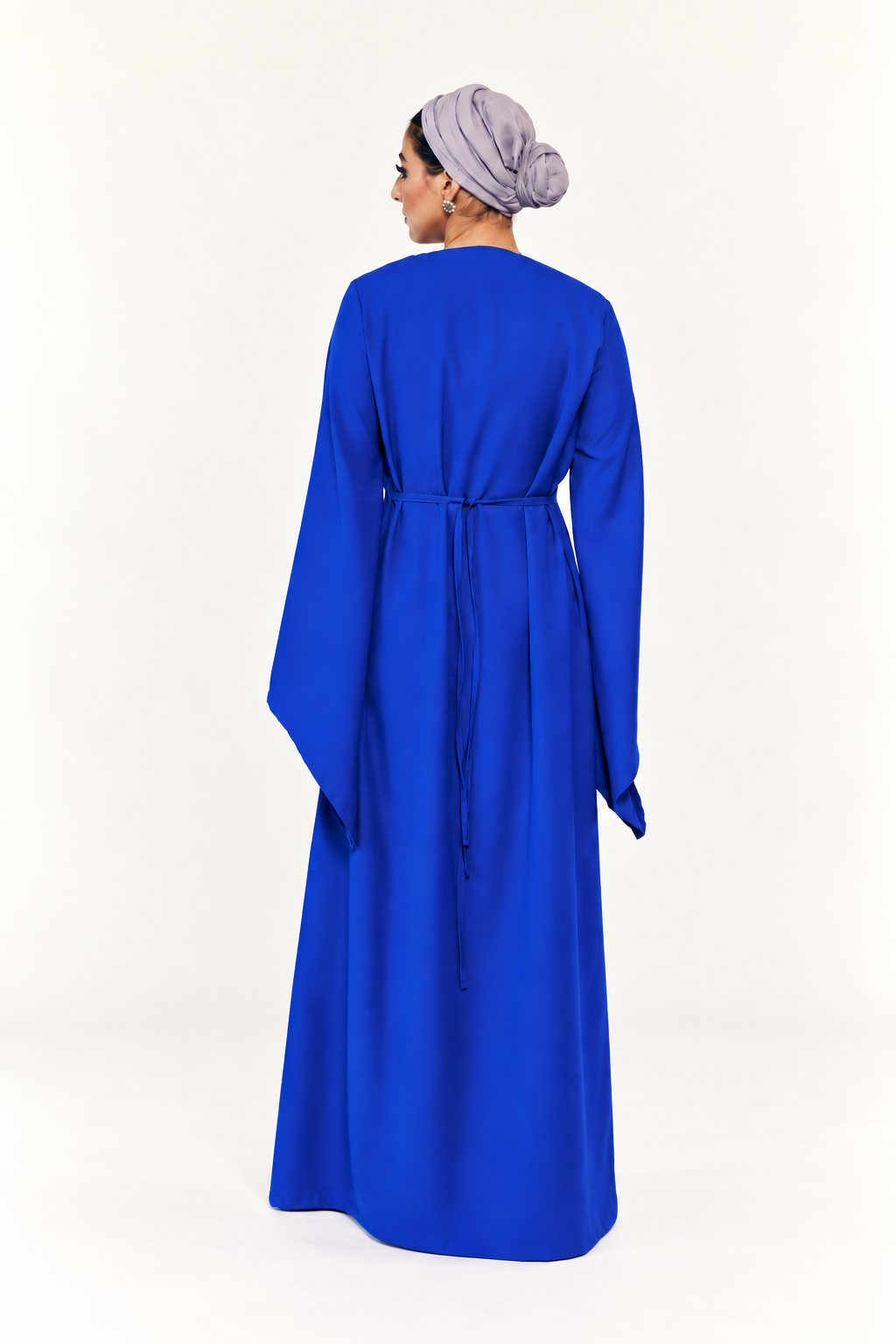 Cobalt bell-sleeve maxi dress, full-length back view