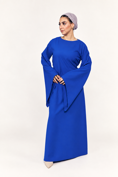 Cobalt bell-sleeve nursing maxi dress, right-side view