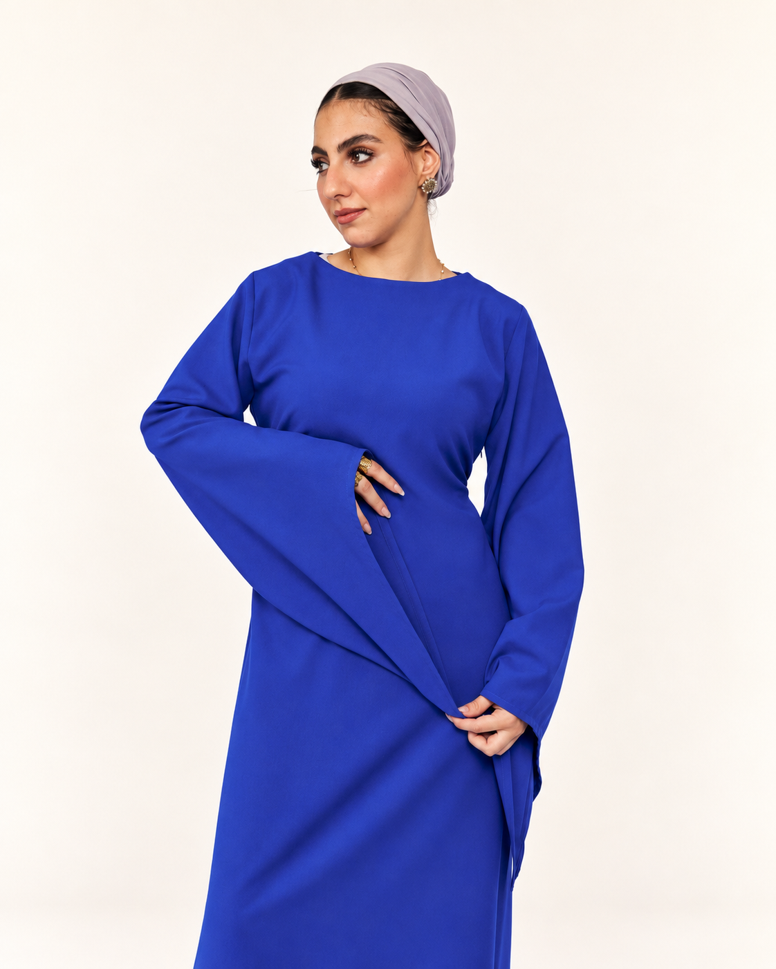 Bell-sleeve detail on cobalt maternity and nursing dress