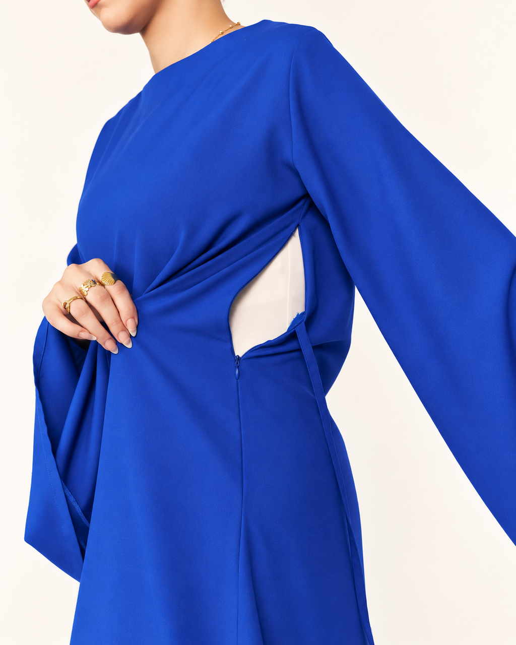 Underarm nursing zipper on cobalt bell-sleeve maxi dress