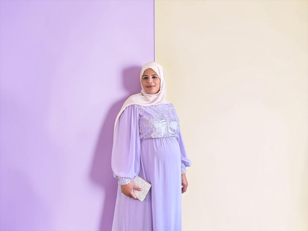 Lavender embellished maternity dress with coordinating accessory
