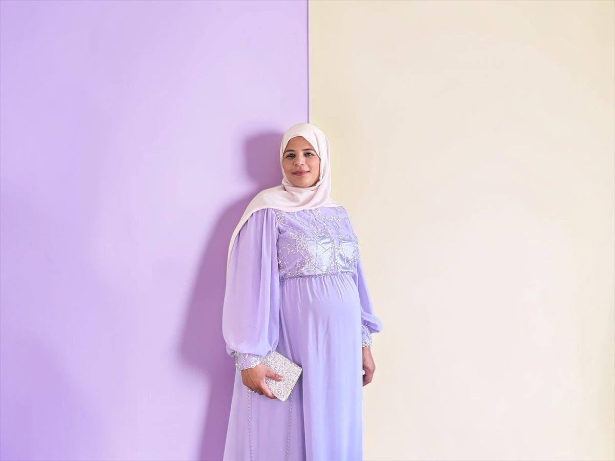 Lavender embellished maternity dress with coordinating accessory