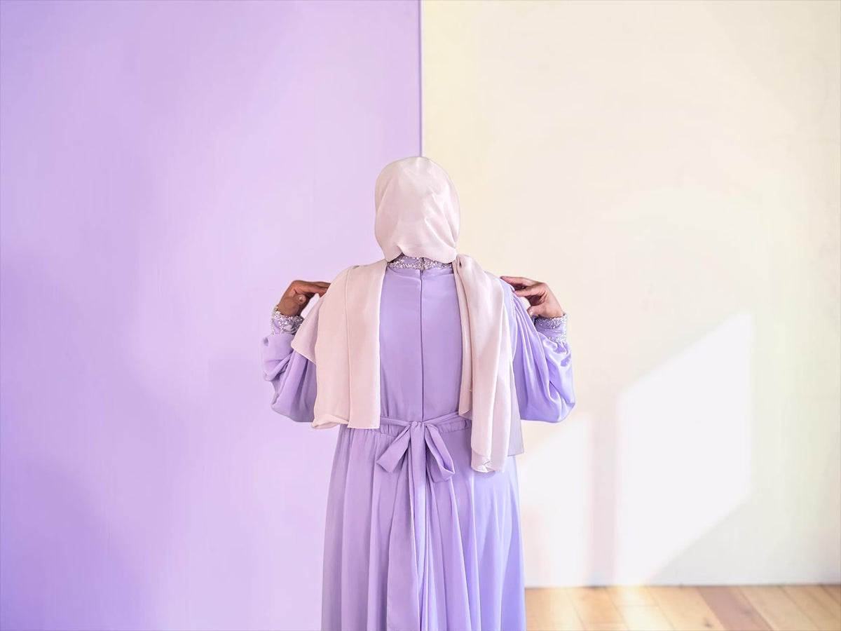 Lavender embellished maternity maxi dress, back view