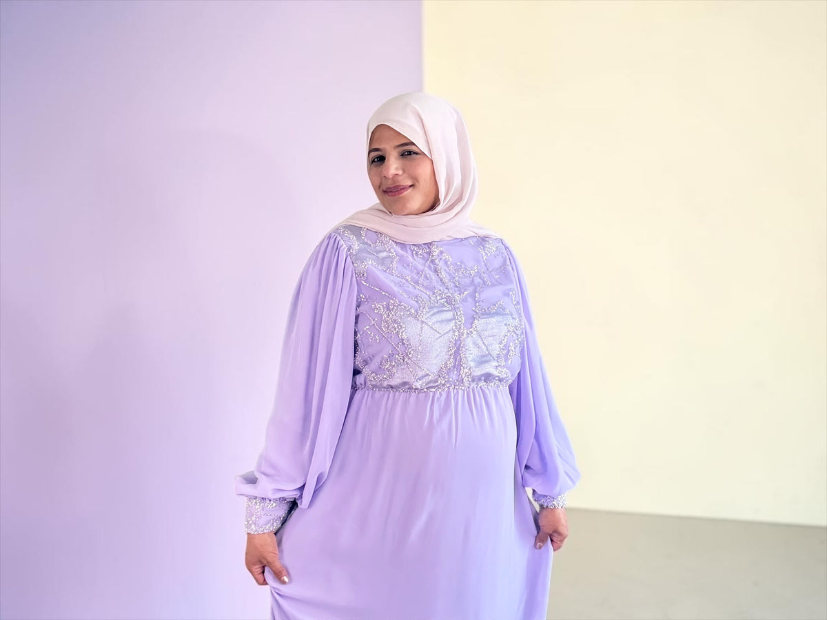 Lavender maternity maxi dress, three-quarter view