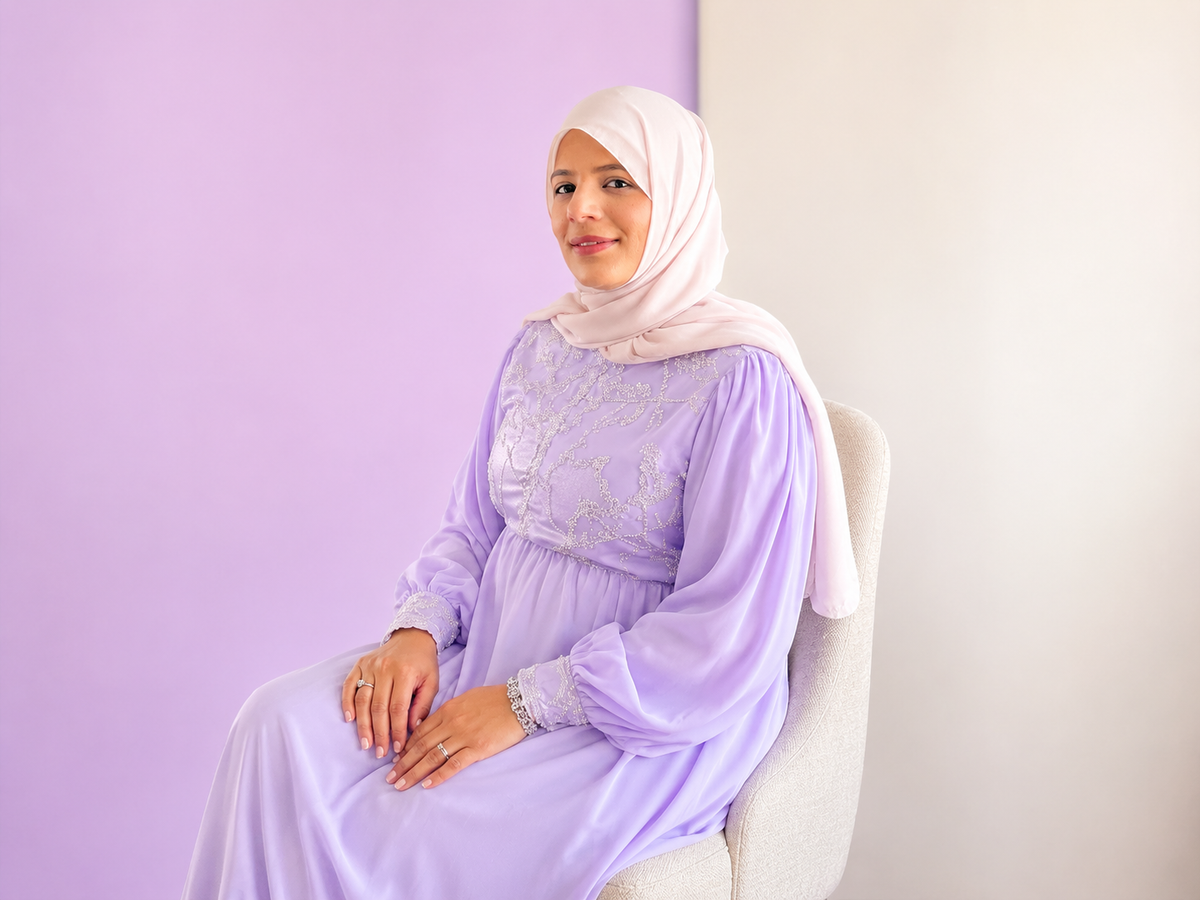 Lavender embellished maternity maxi dress, front view
