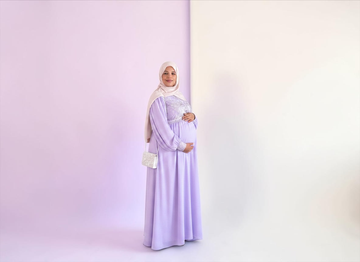 Lavender embellished maternity maxi dress, alternate full-length view