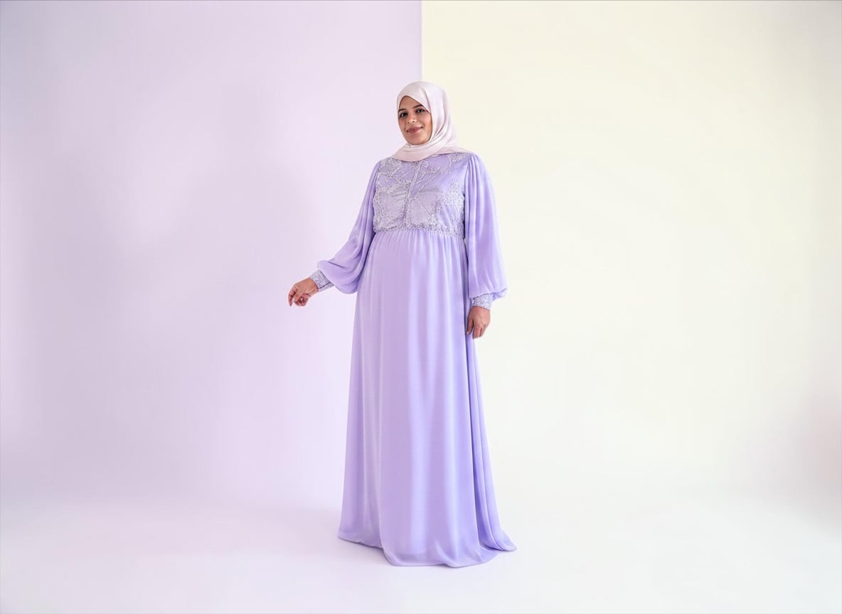 Lavender embellished maternity dress, full-length view
