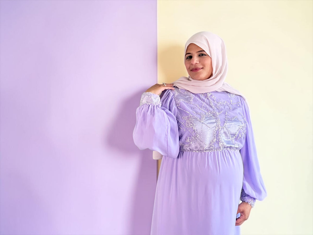 Lavender maternity dress bodice and baby bump view