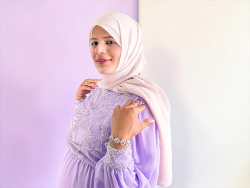 Embellished bodice of lavender maternity maxi dress