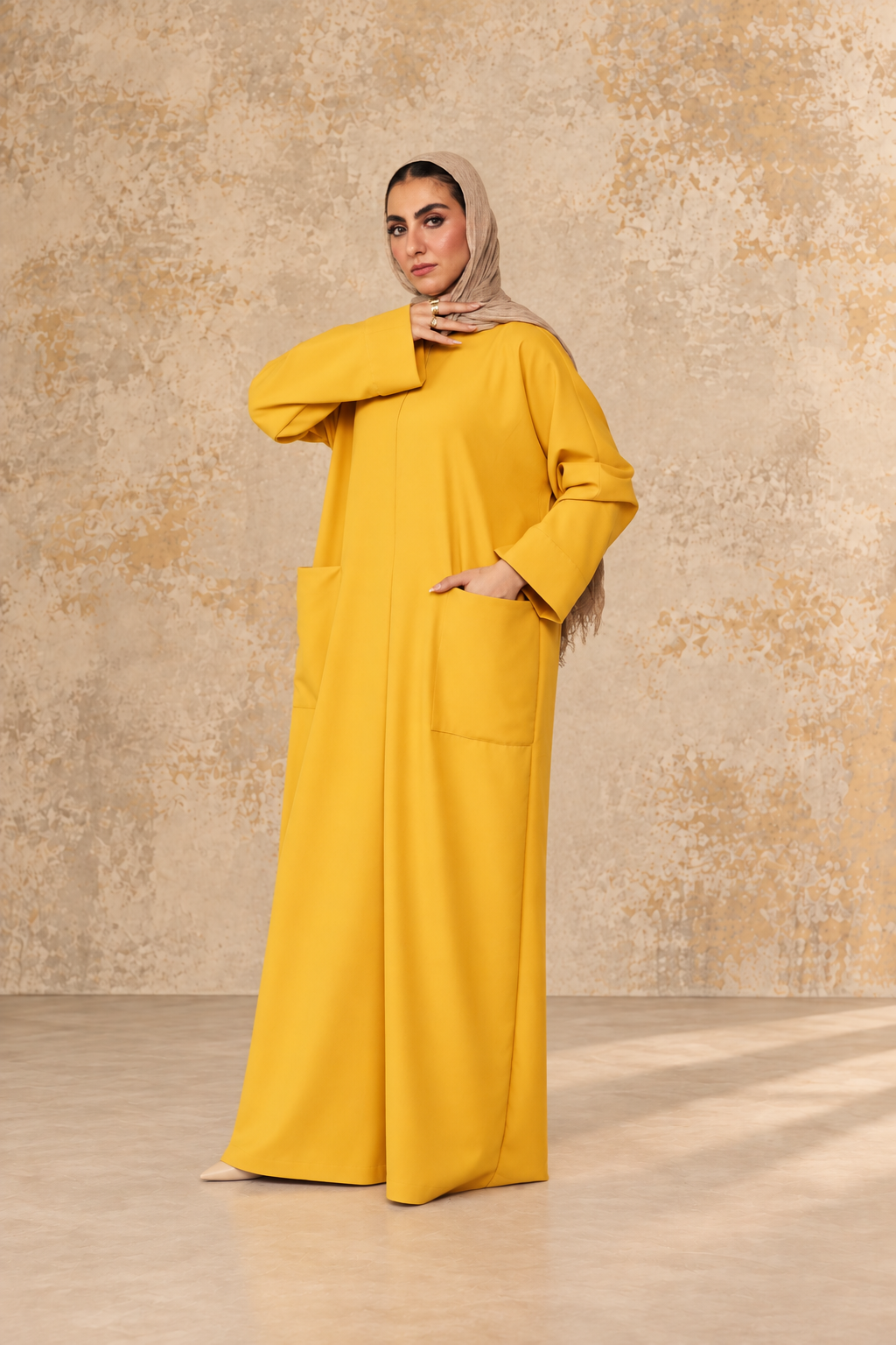 Marigold pocket nursing maxi dress, full-length front view