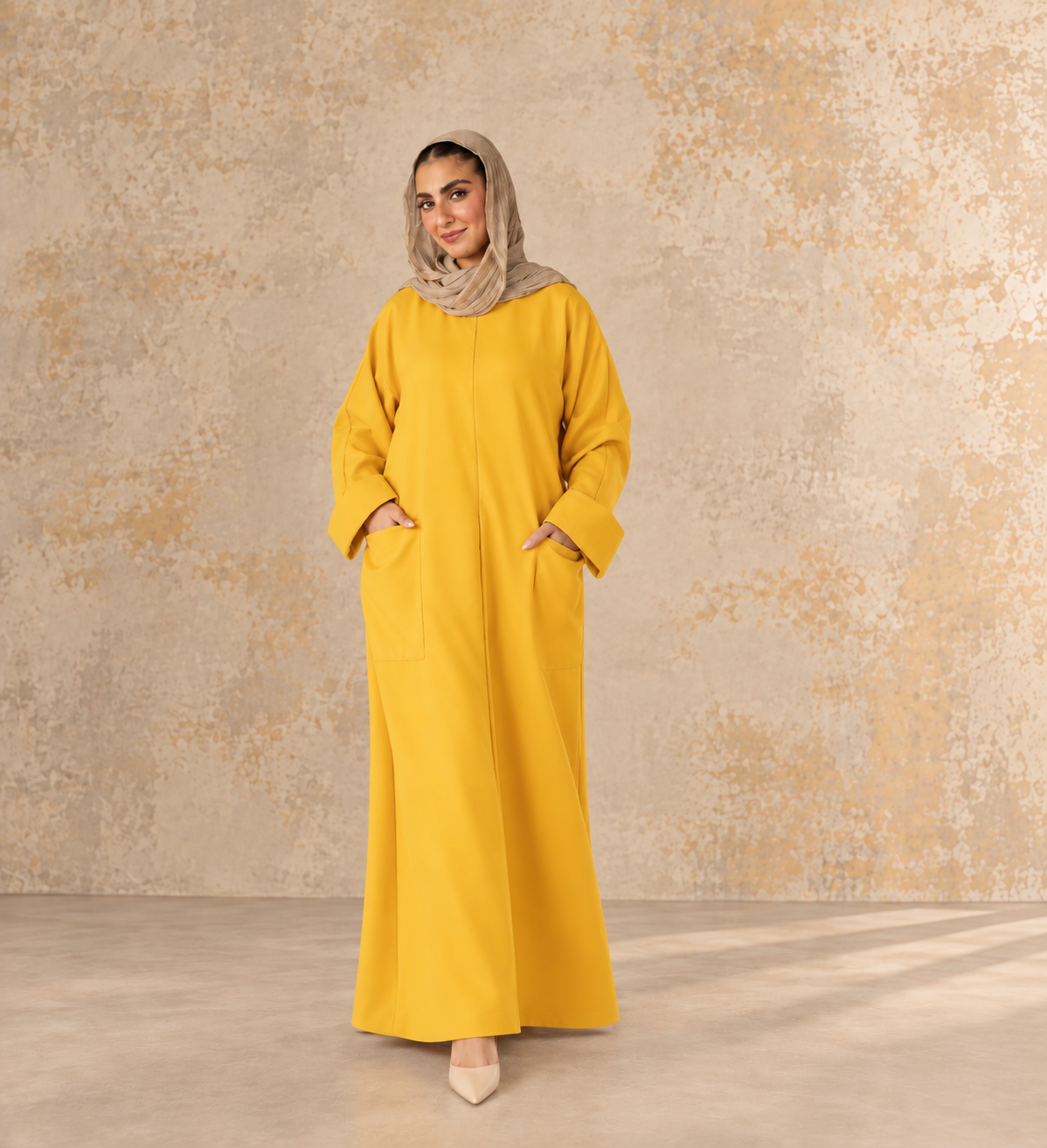Marigold nursing maxi dress, full-length right-side view