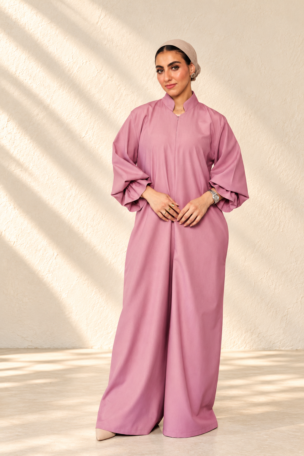 Wide-leg nursing jumpsuit styled with sleeves rolled up