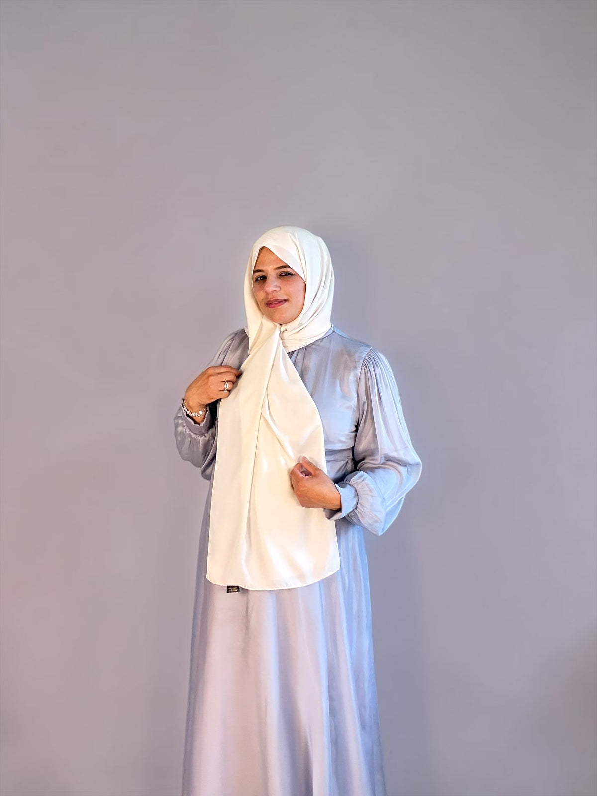Silver maternity maxi dress, full-length front view