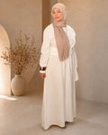 Ivory linen nursing maxi dress front view — modest breastfeeding dress with two hidden zippers by Mabella Fashion