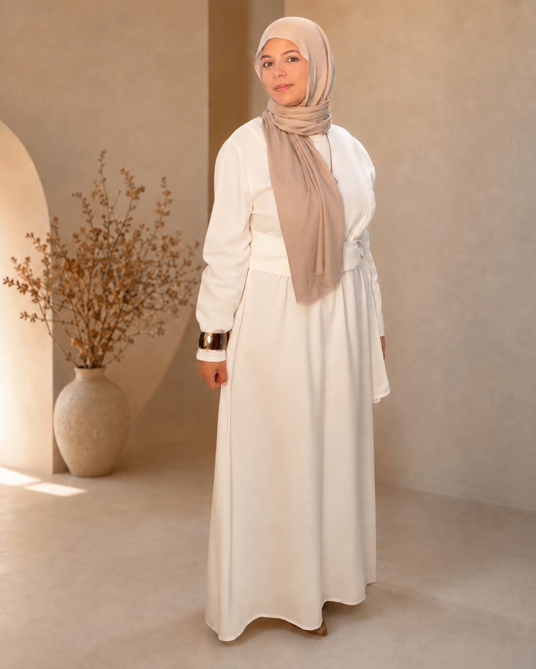 Ivory linen nursing maxi dress front view — modest breastfeeding dress with two hidden zippers by Mabella Fashion