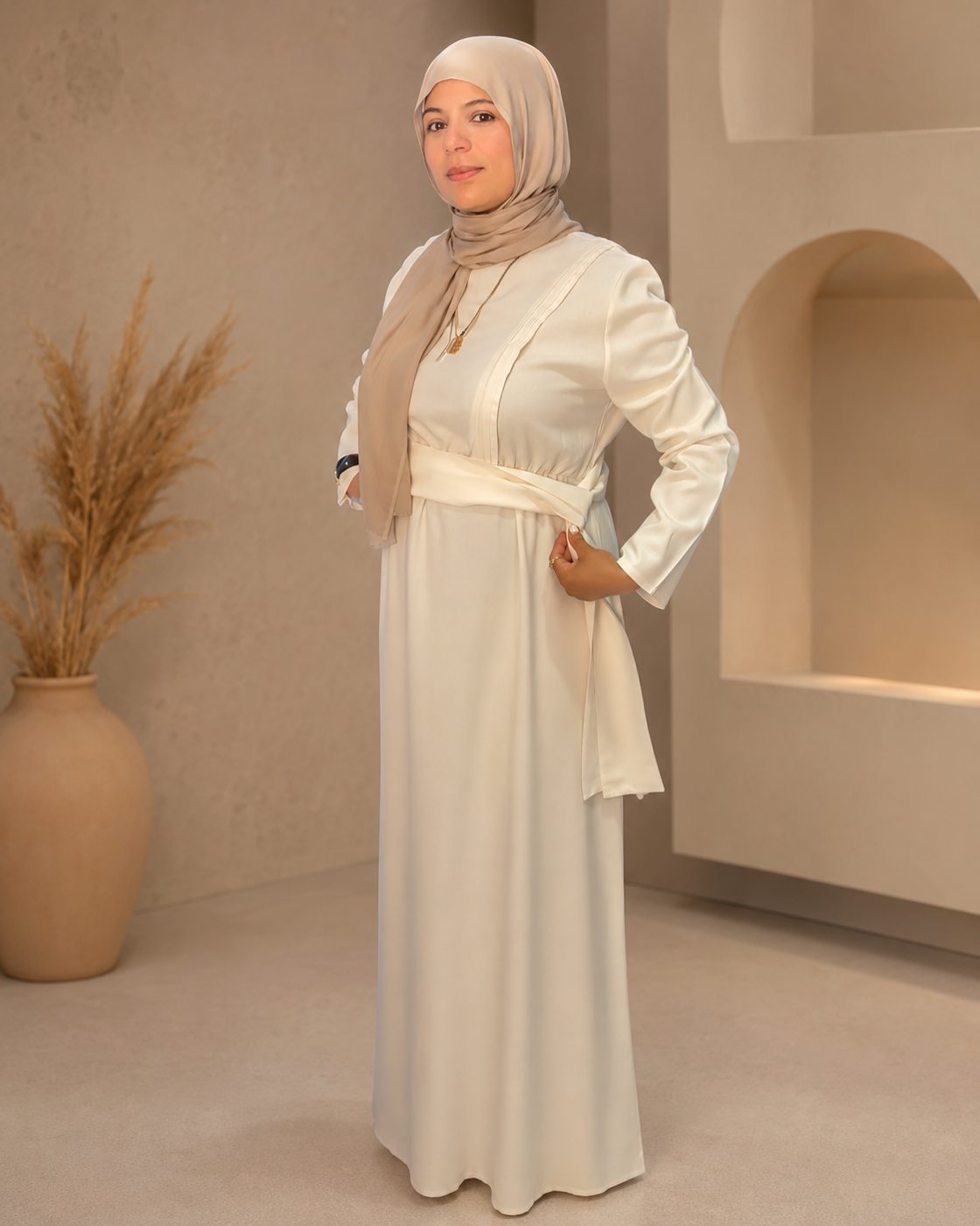 Side view of ivory linen nursing maxi dress with adjustable belt and elasticated waist — modest postpartum dress
