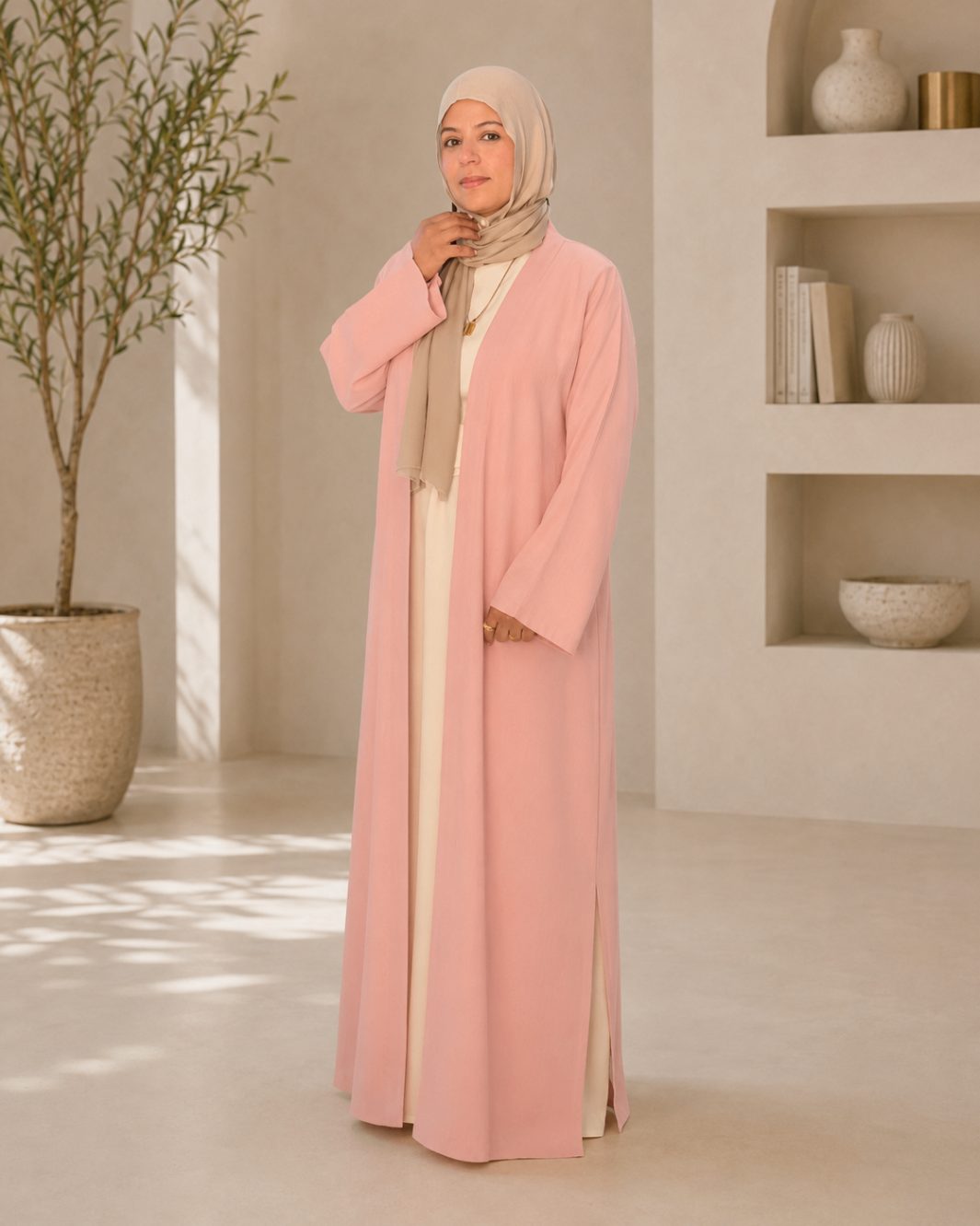 Ivory nursing linen maxi dress styled with soft pink kimono — modest hijabi breastfeeding outfit