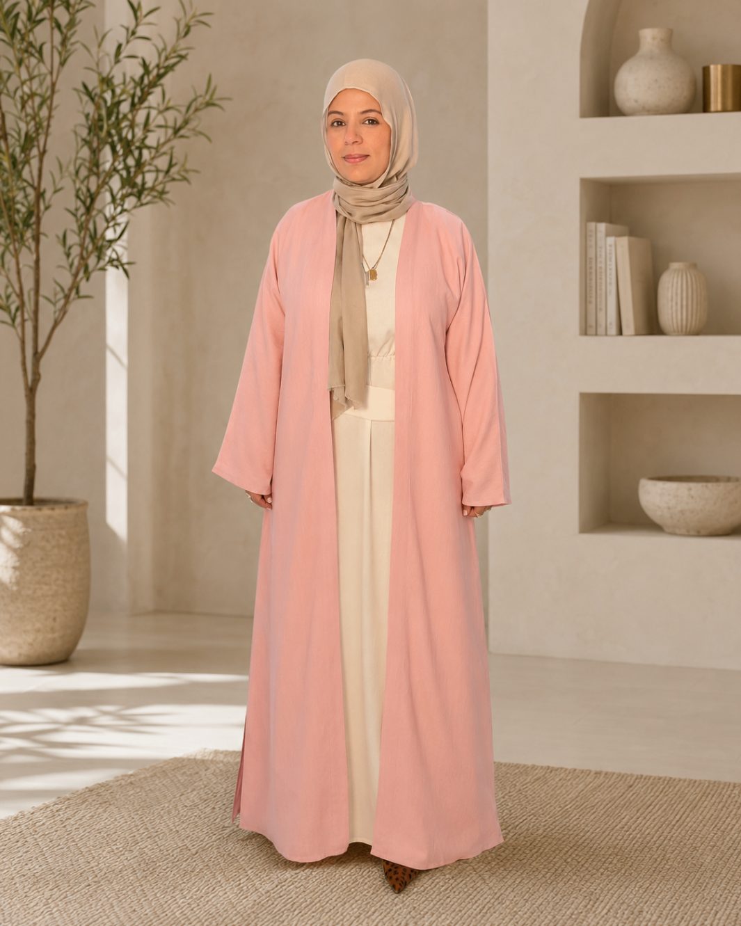 Full length ivory linen nursing maxi dress with pink kimono — modest breastfeeding friendly nursing wear