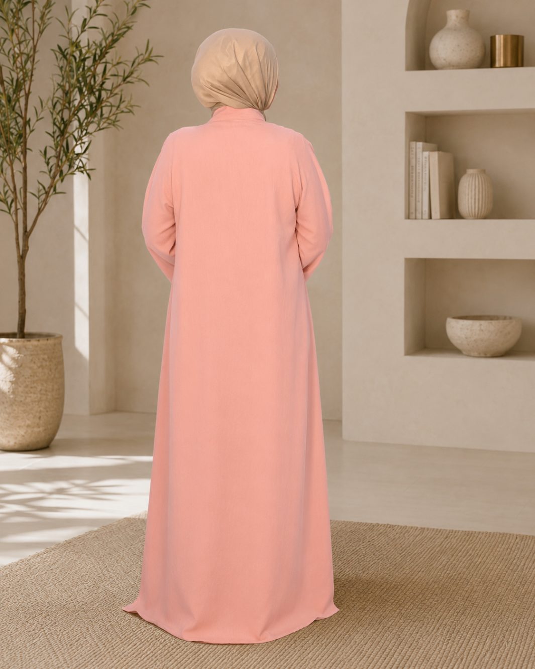 Back view of ivory nursing maxi dress with pink kimono — modest hijabi nursing and postpartum wear