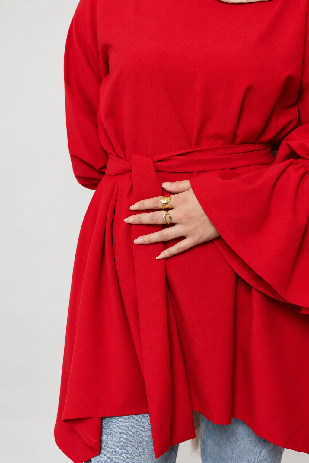 Ruffle-sleeve maternity and nursing tunic, front view