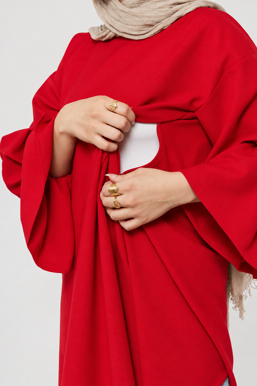 Hidden nursing zipper on ruffle-sleeve maternity tunic