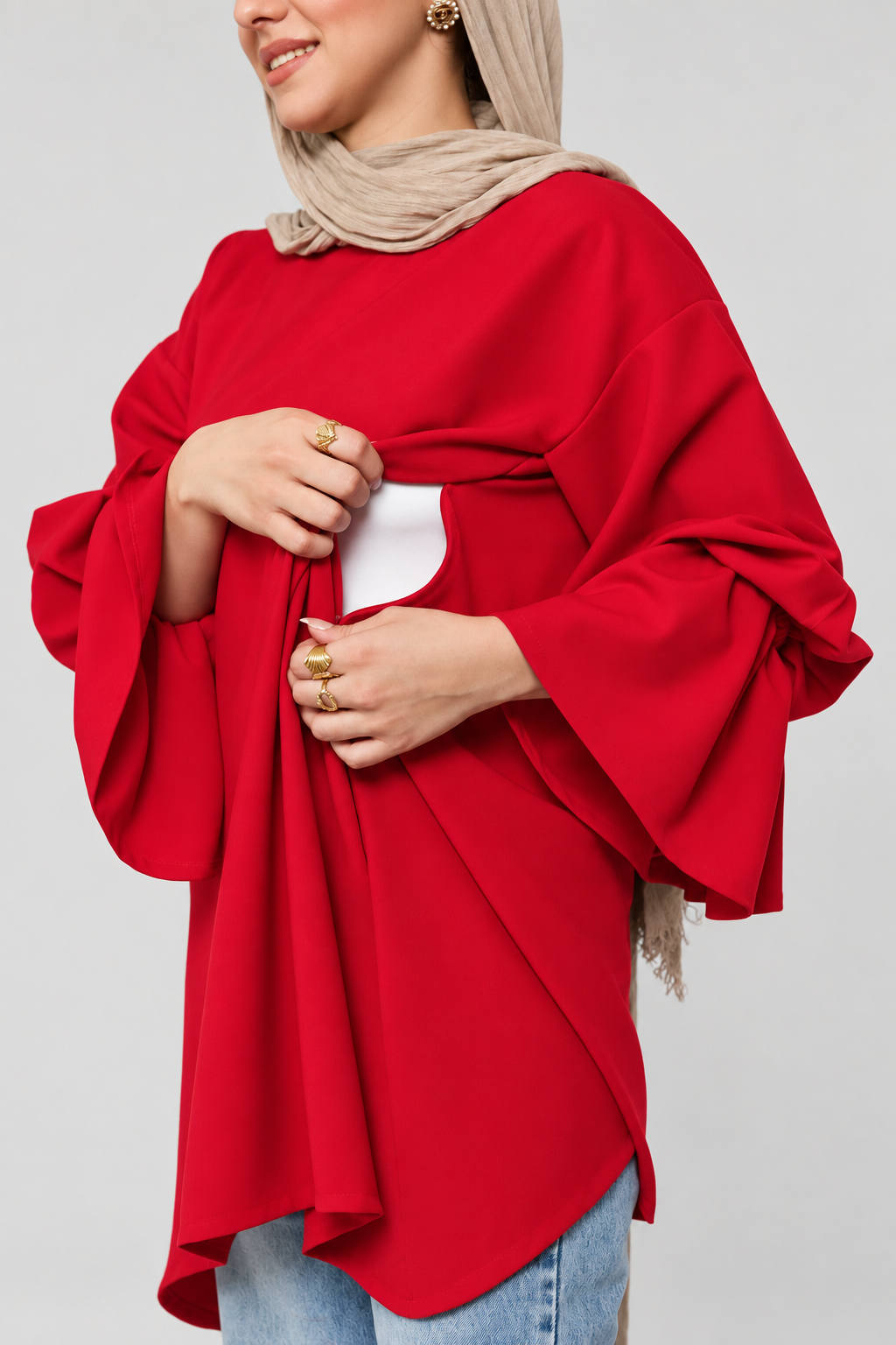Nursing access on ruffle-sleeve maternity tunic